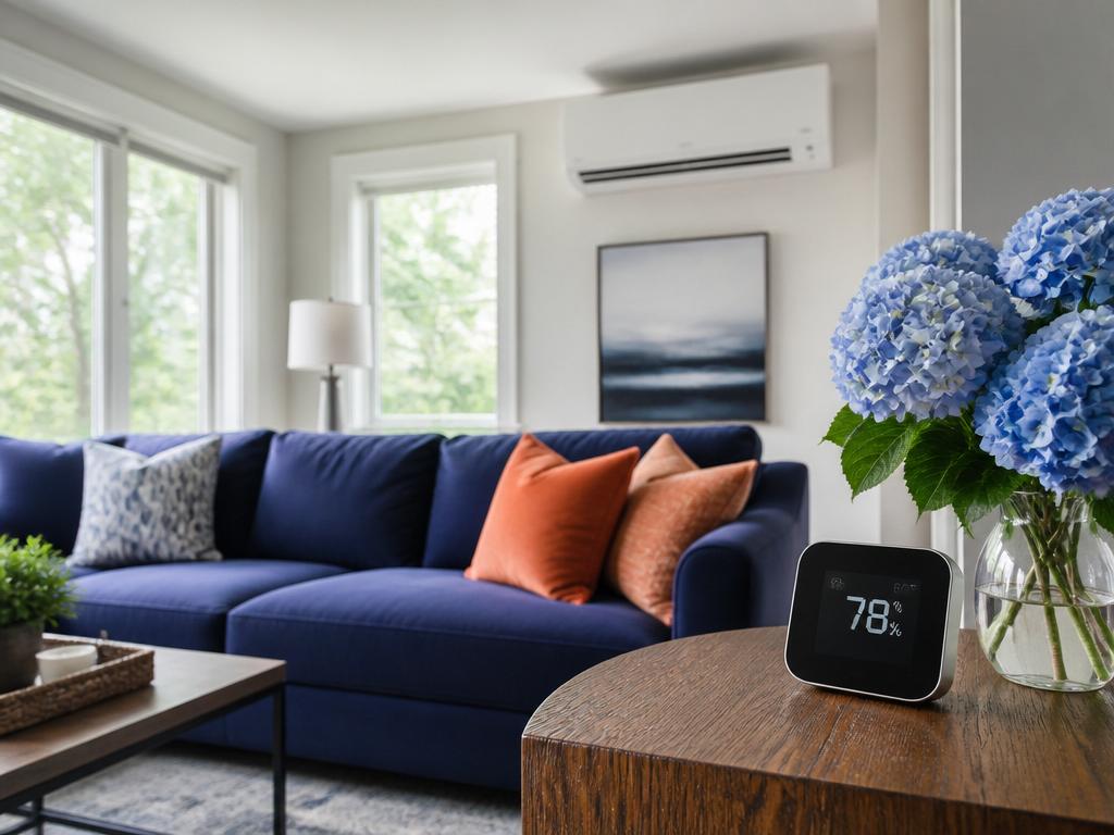 Living room with a humidity monitor showing high humidity